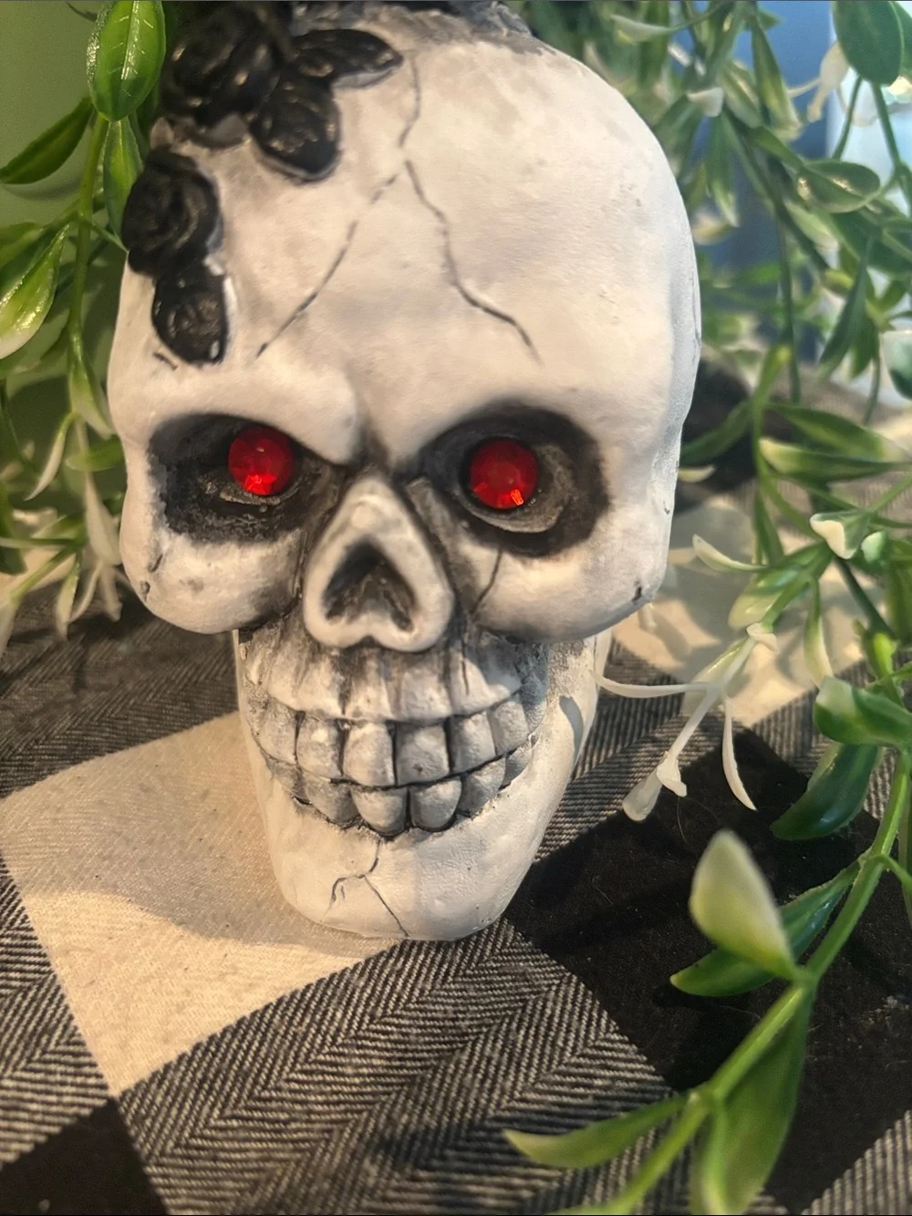 Decorative White Skull with Black Crow and Red Eyes - Home Accent